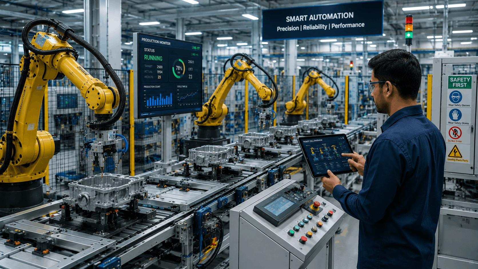 Smart factory automation with robotic arms and real-time production dashboard